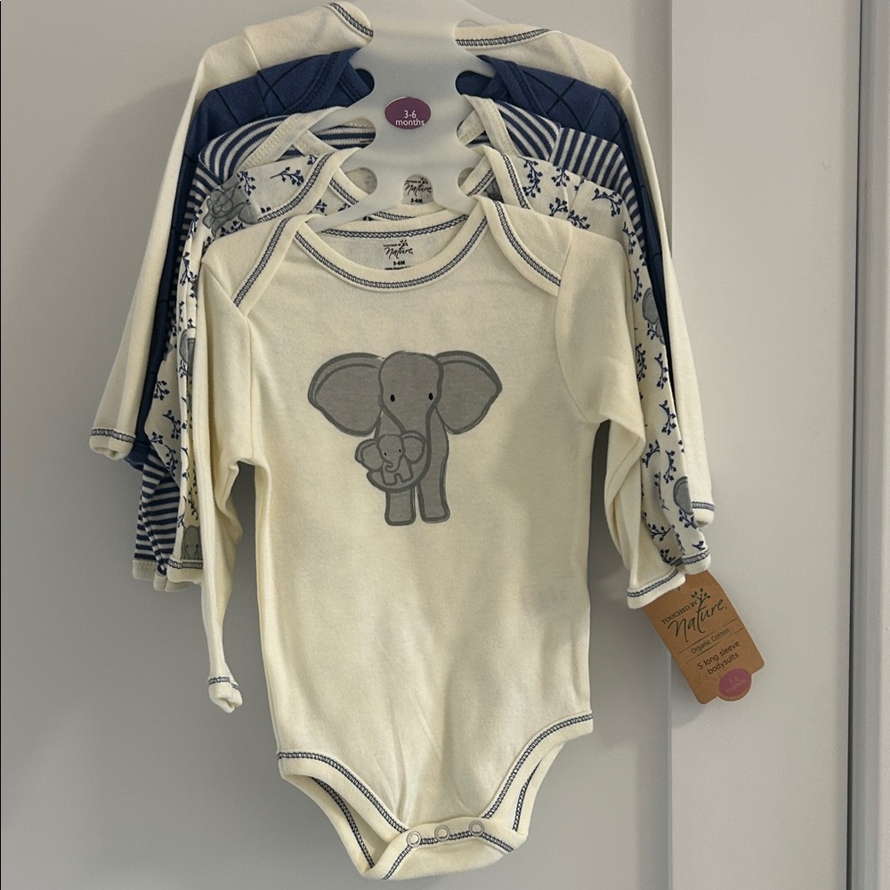 Touched by nature Elephant Print 5 long sleeve bodysuits 3-6 months 100% cotton